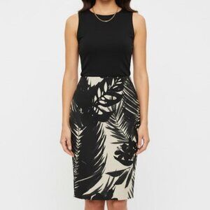 J Crew Tropical Print Women's Black Beige Linen Pencil Skirt Size 2